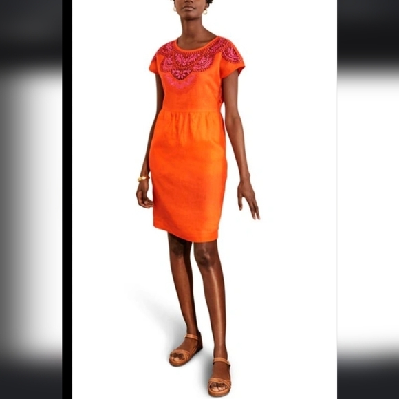 NWT BODEN sz. 6R Fleur Embroidered Linen Dress Knee Length Crochet Eyelet Lace - Picture 2 of 16